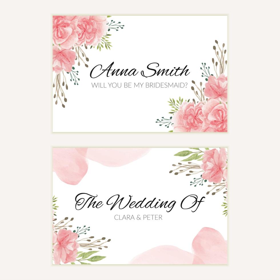 Watercolor pink floral wedding bridesmaid card template vector