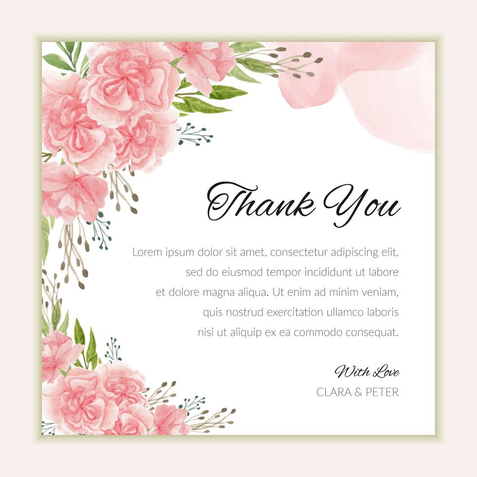 Plantilla de tarjeta de agradecimiento nupcial con flor de clavel acuarela vector