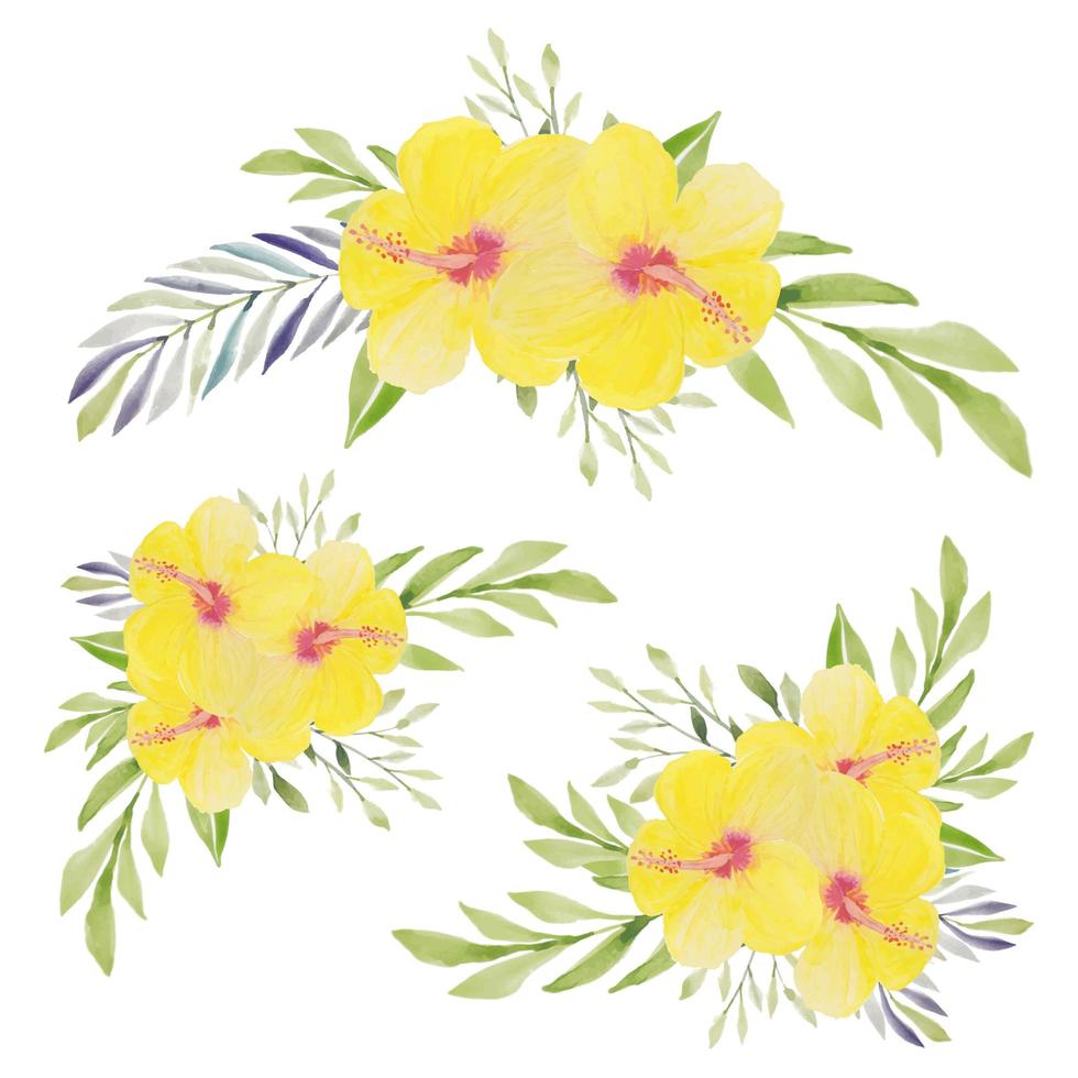 conjunto de ramos de flores de hibisco amarillo acuarela vector