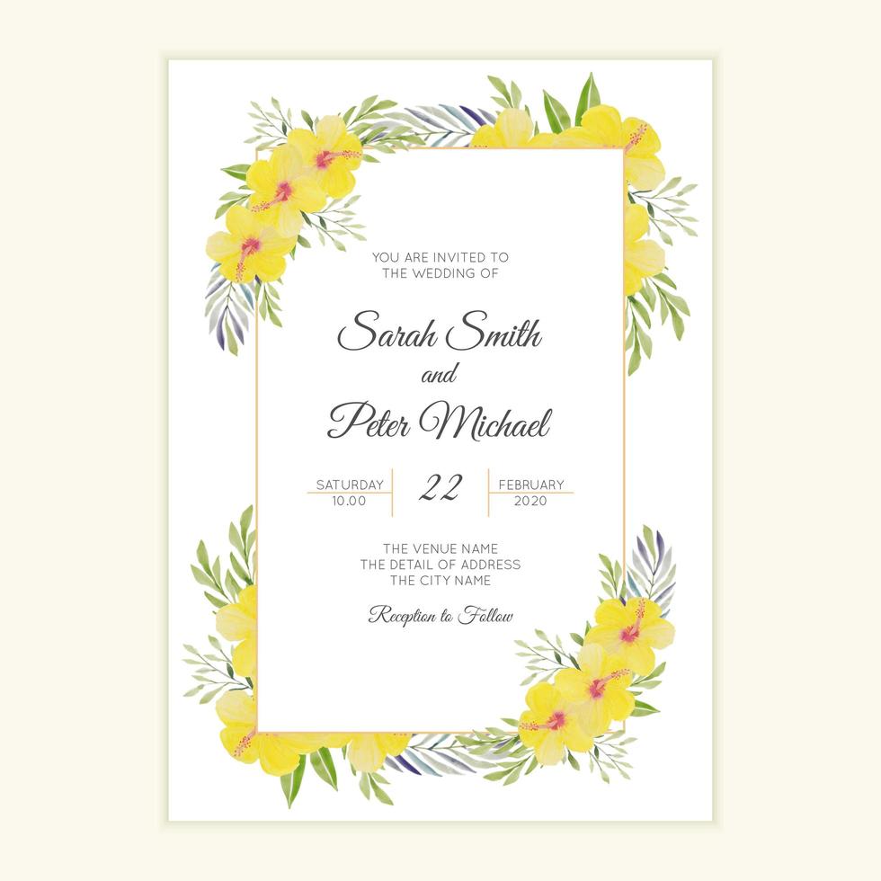 Wedding invitation with yellow hibiscus flower frame vector