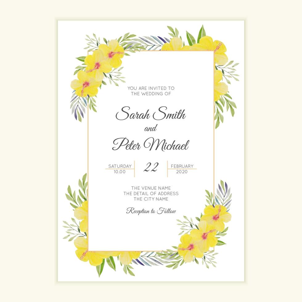 Wedding invitation with yellow hibiscus flower frame vector