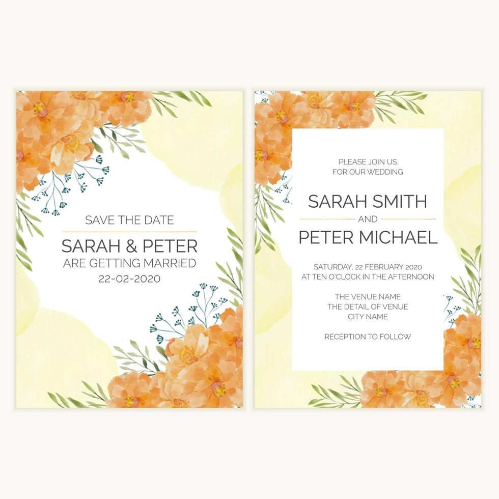 Wedding invitation card with gold flower watercolor illustration vector