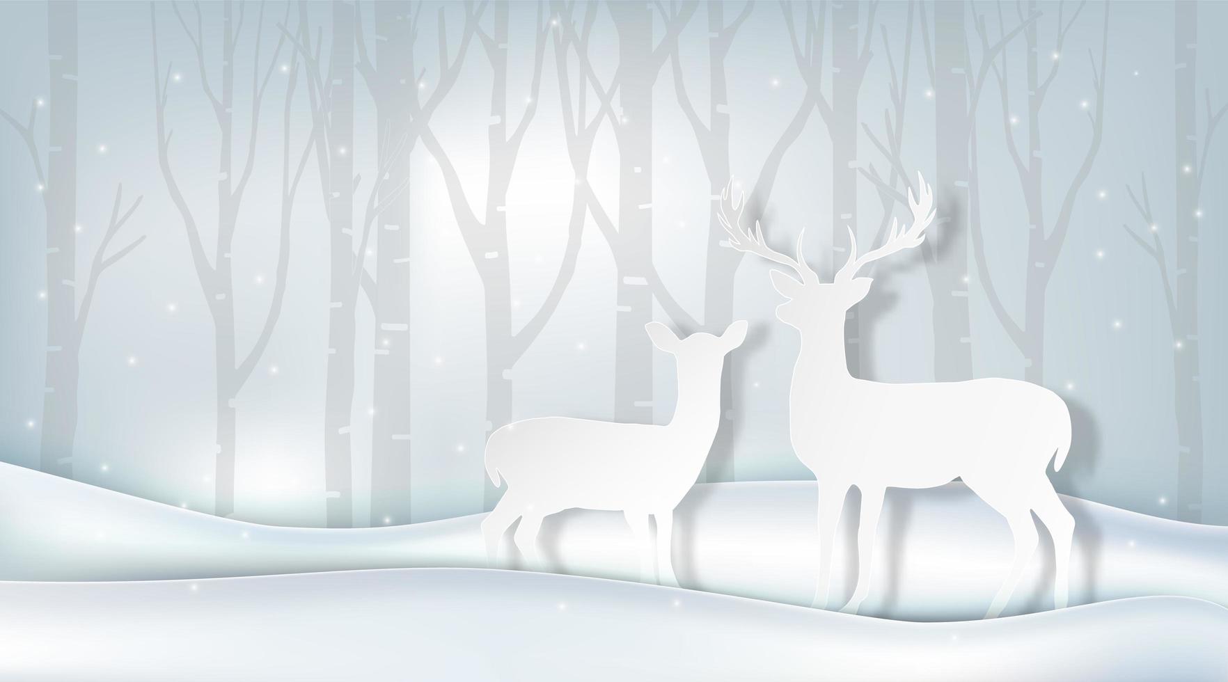 Paper-cut style winter deer in a snowy forest vector