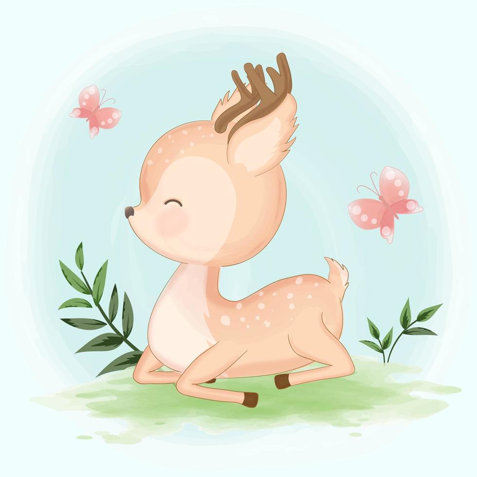 Little deer laying down with butterflies vector