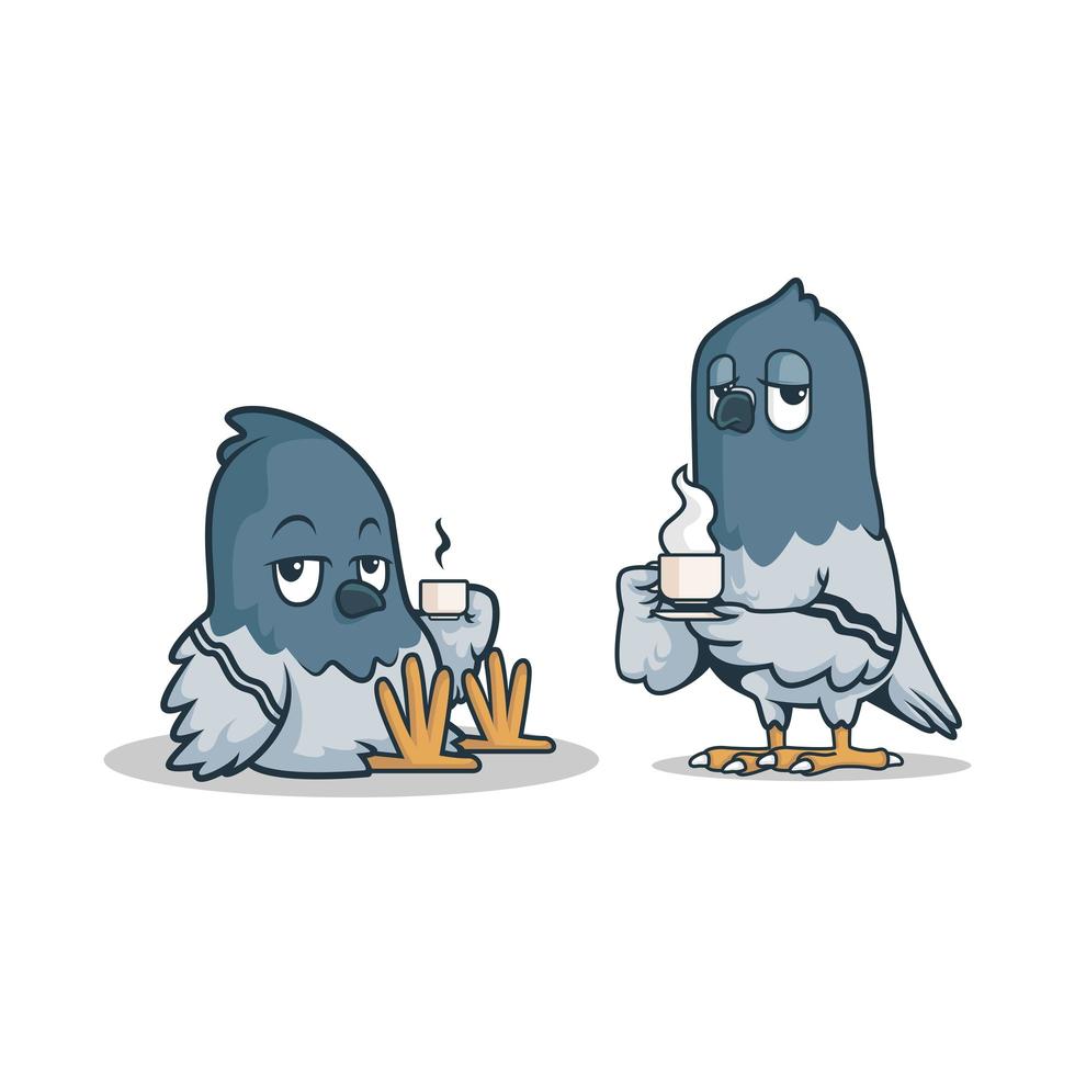 Two lazy pigeons holding coffee in wings vector