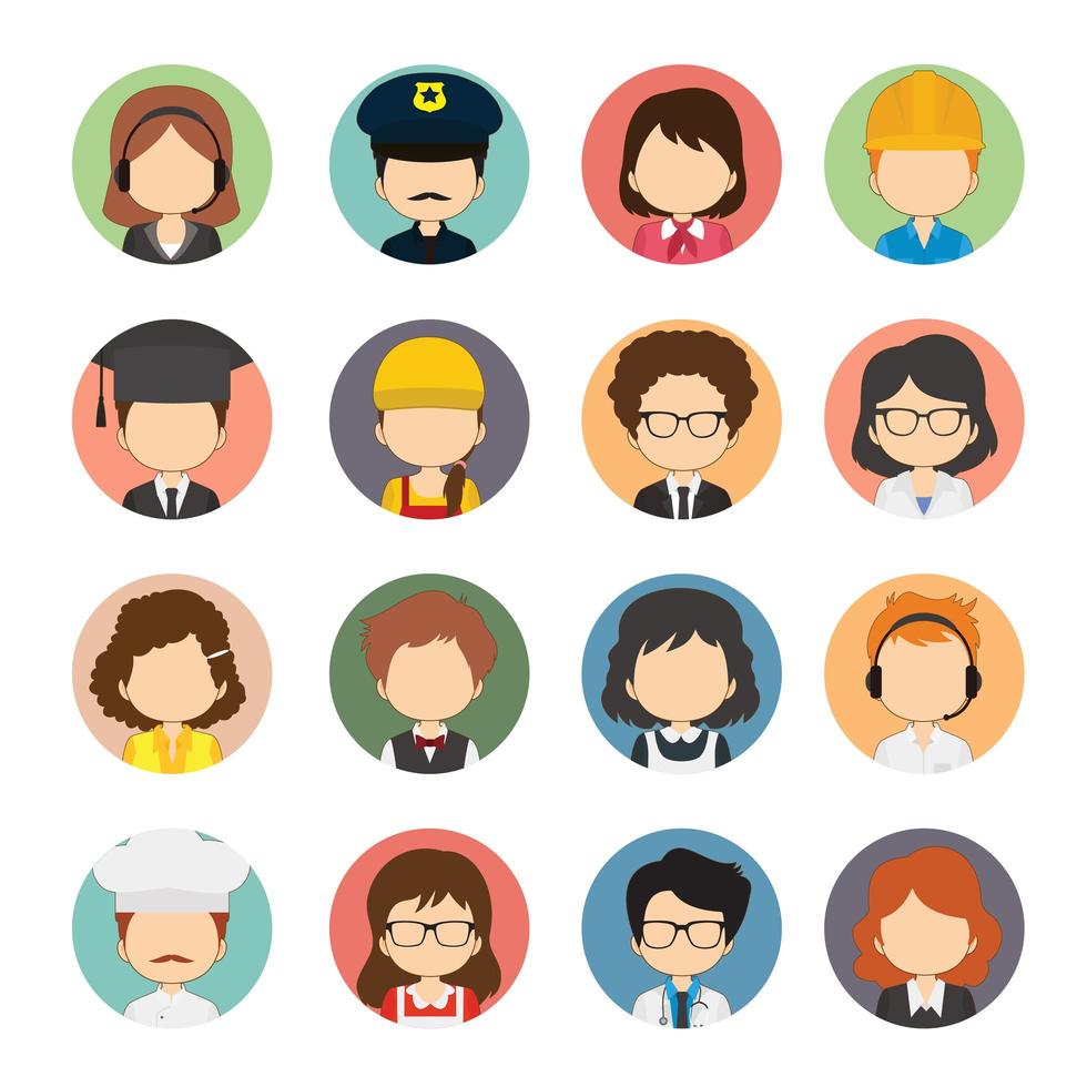 Set Of 16 Round Flat Professional Character Icons  vector