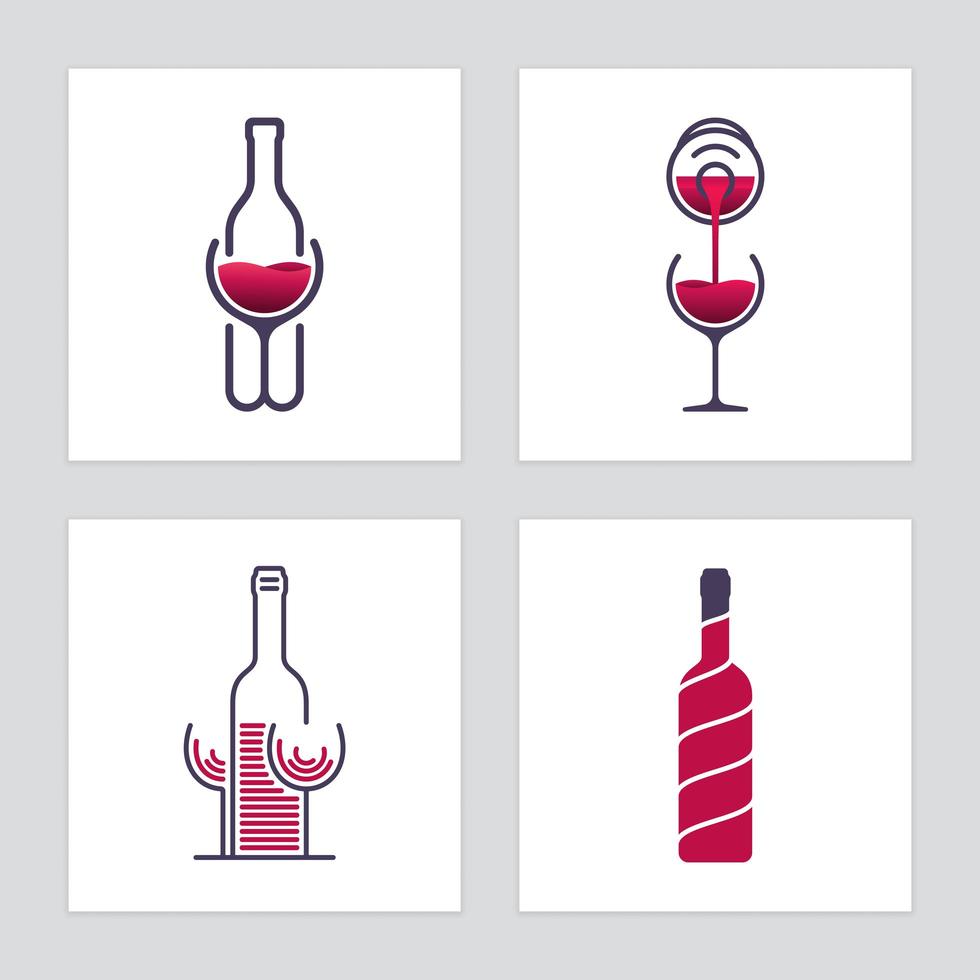 Wine icon set with bottles and glasses vector