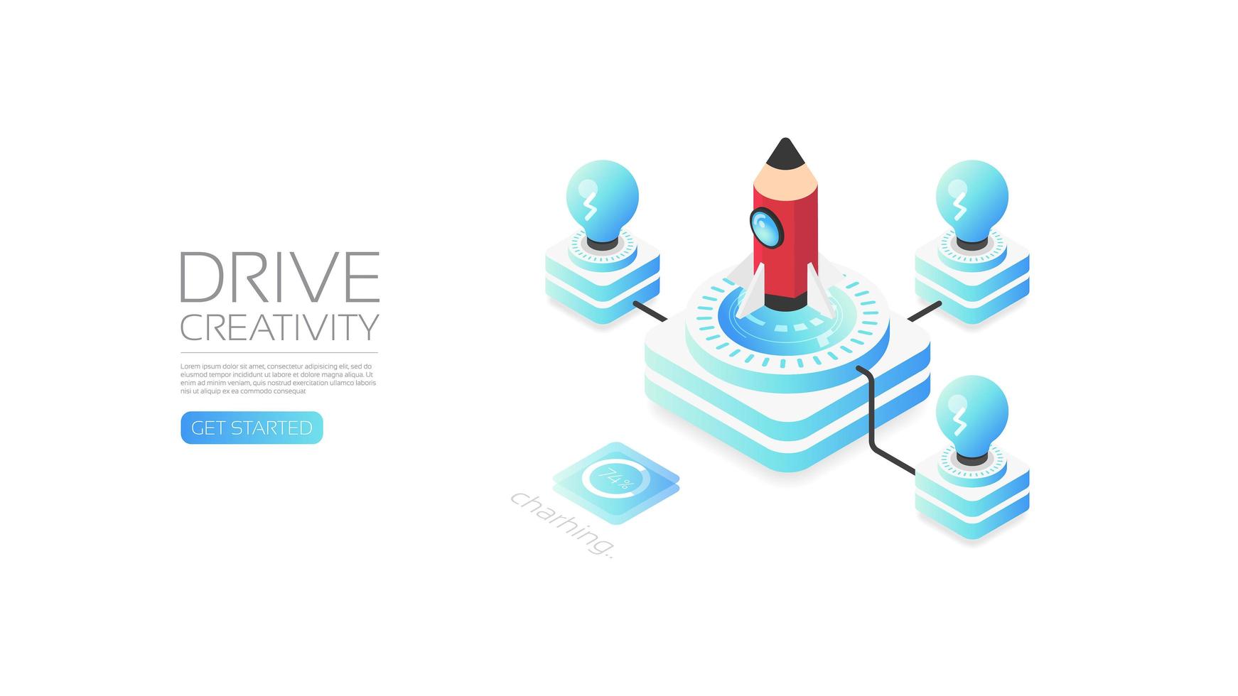 Isometric pencil rocket for drive creativity concept vector