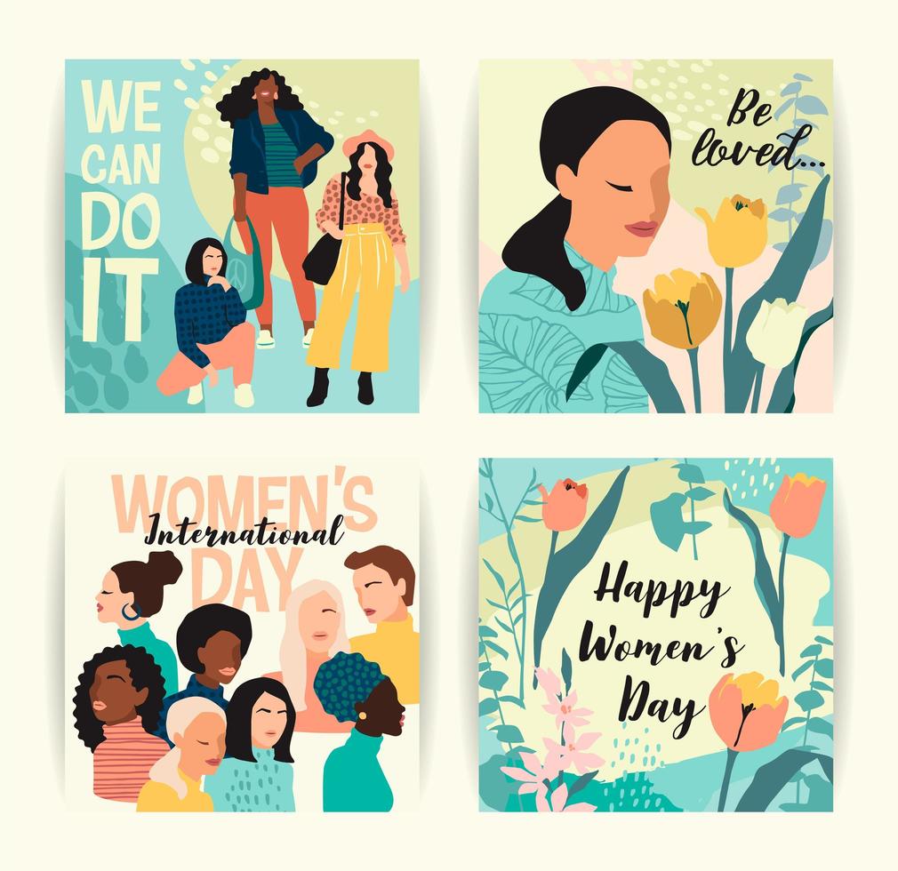 tarjetas de mujeres abstractas con diferentes colores de piel vector