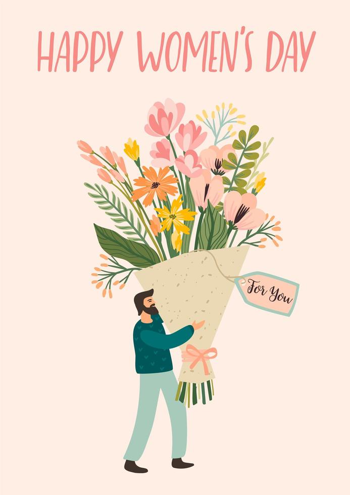 Man delivering a big bouquet for Women's Day vector