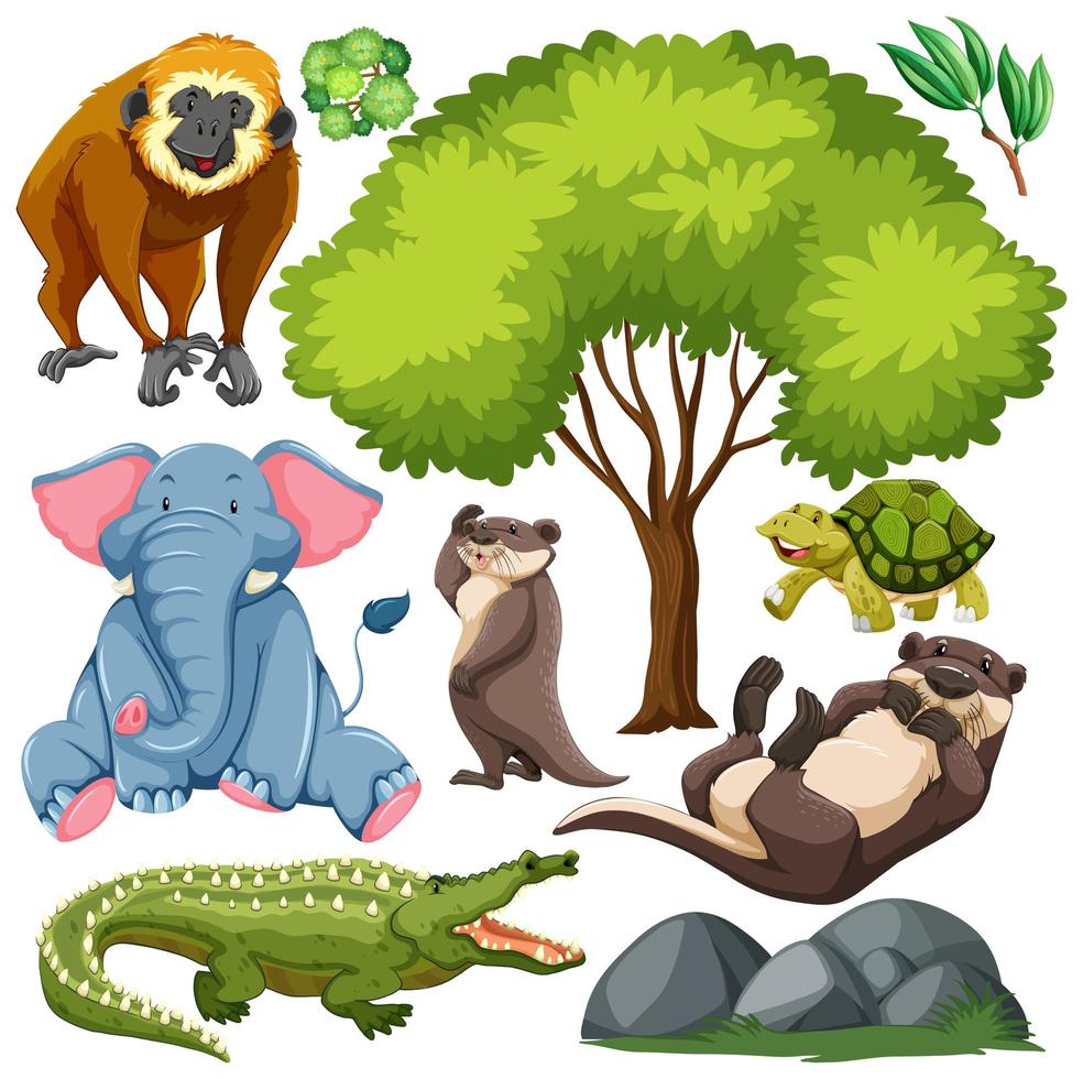 conjunto de lindos animales salvajes y naturaleza. vector