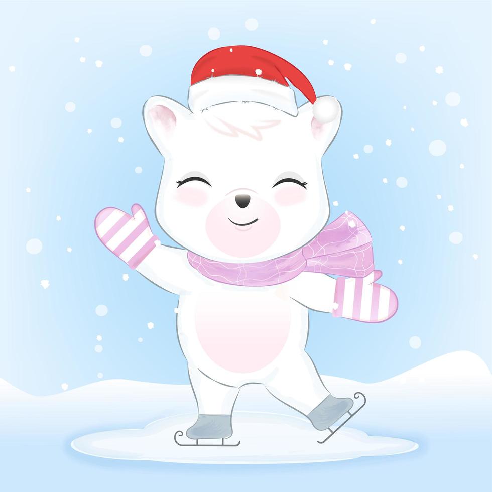 Cute polar bear happily ice skating vector