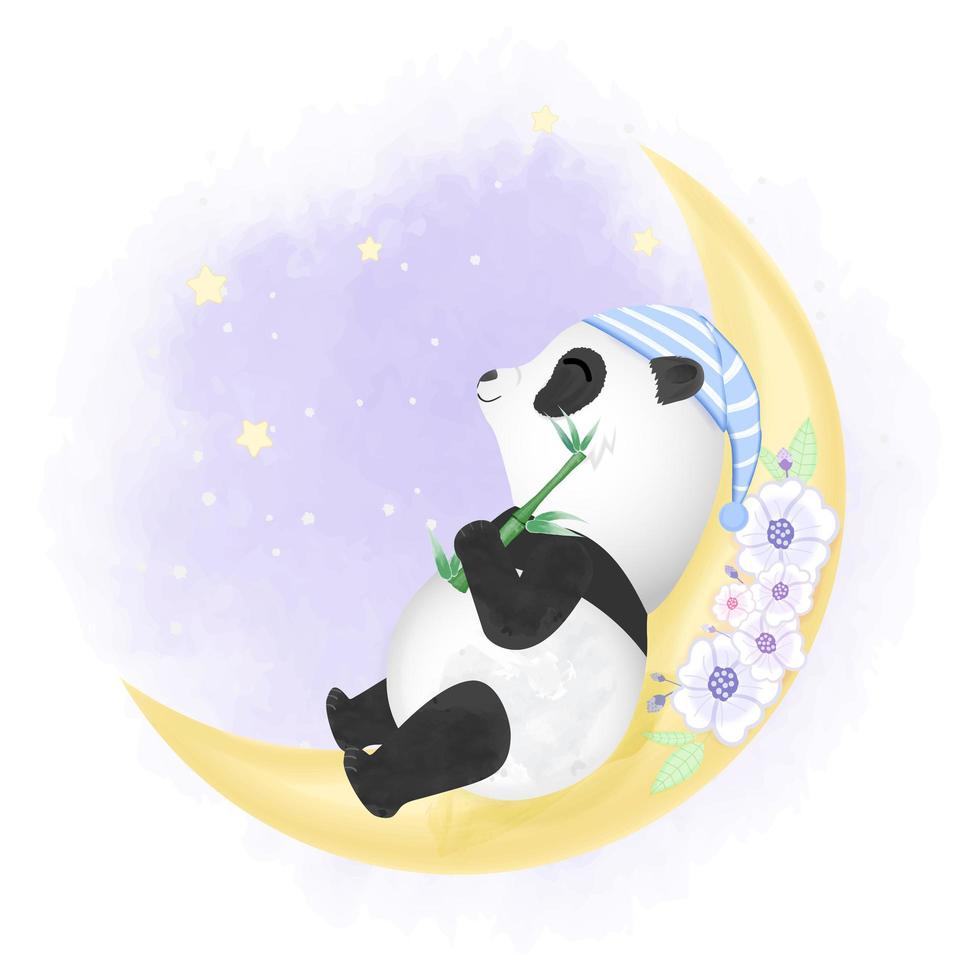 lindo panda durmiendo en una luna creciente vector