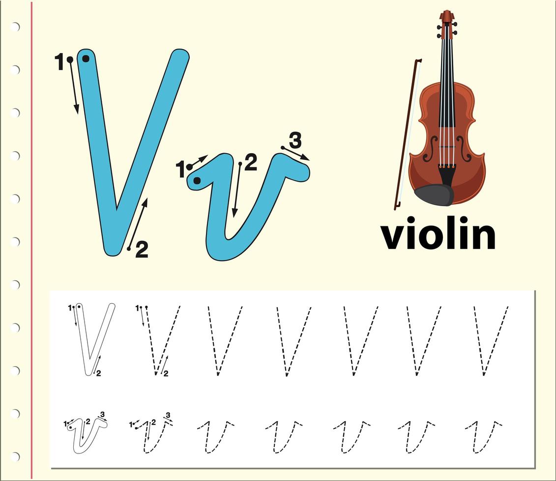 Tracing letter V template worksheet with violin  vector