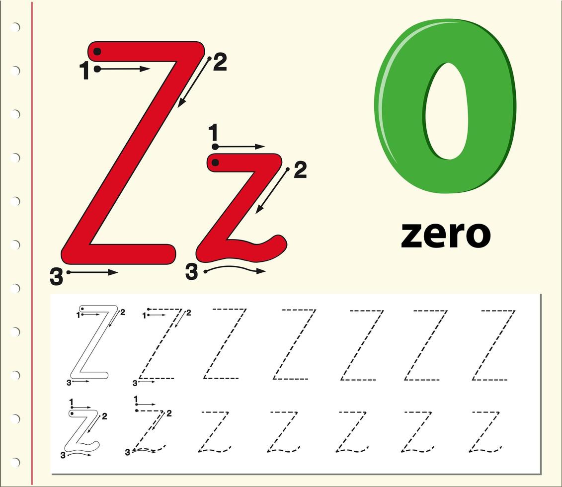 Letter Z tracing alphabet worksheet with zero  vector