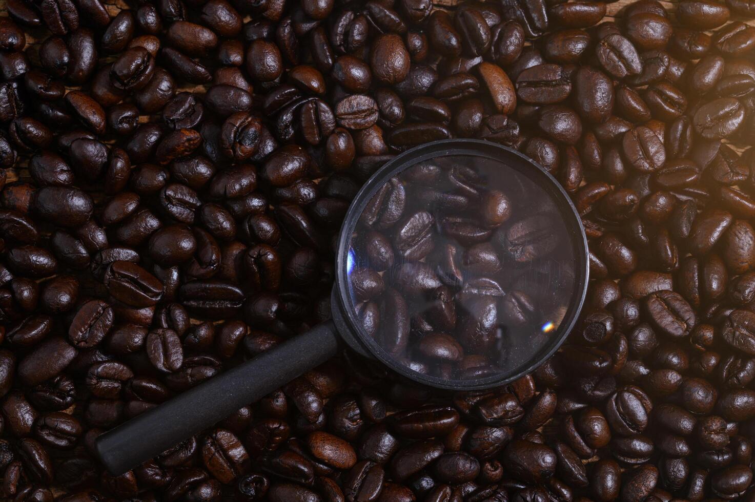 Magnifying glass on coffee beans photo