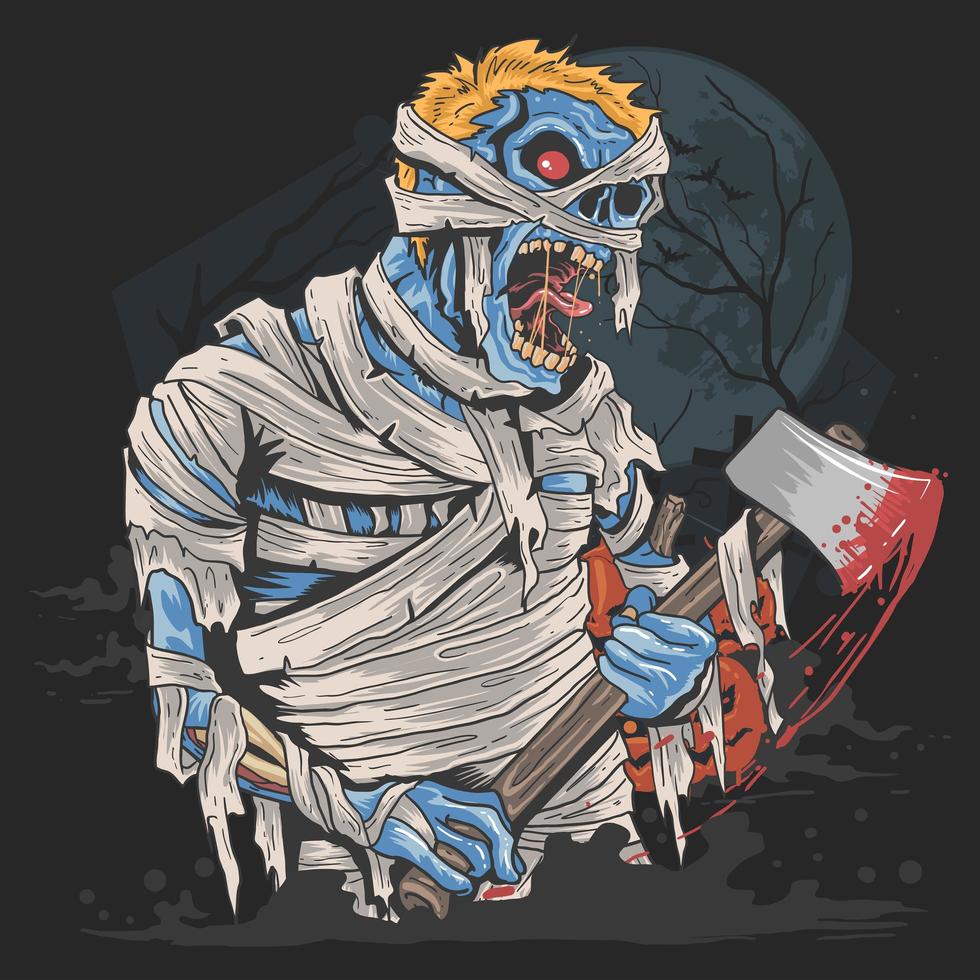 Halloween mummy carrying an axe vector