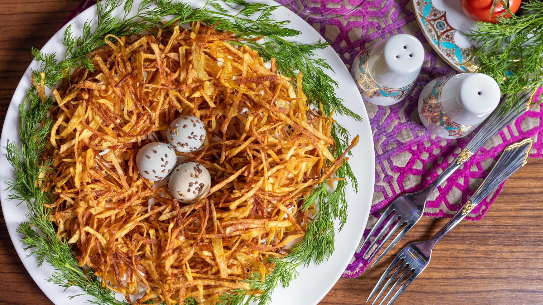 Coot eggs in delicate potato photo