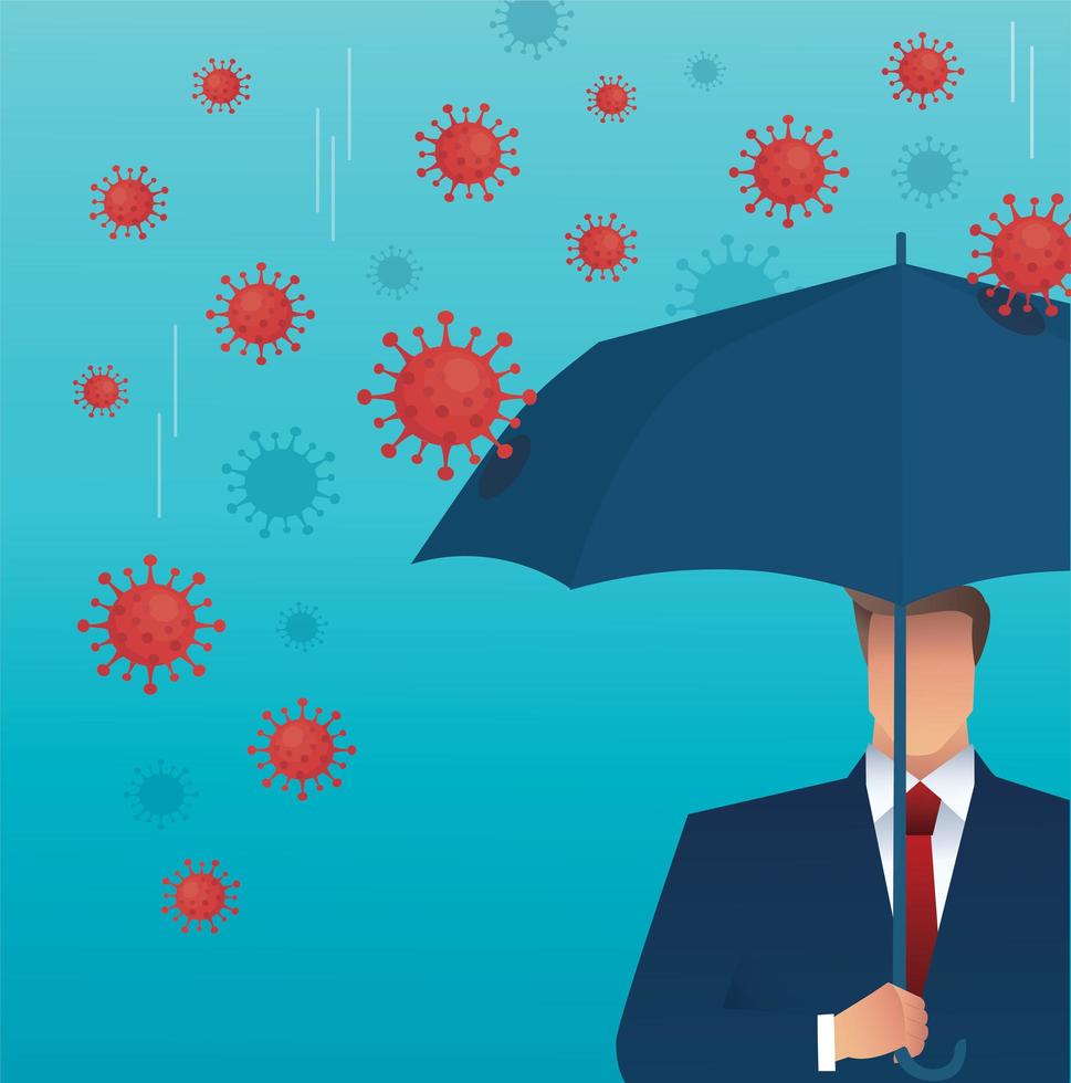 Businessman uses umbrella to protect from Coronavirus vector