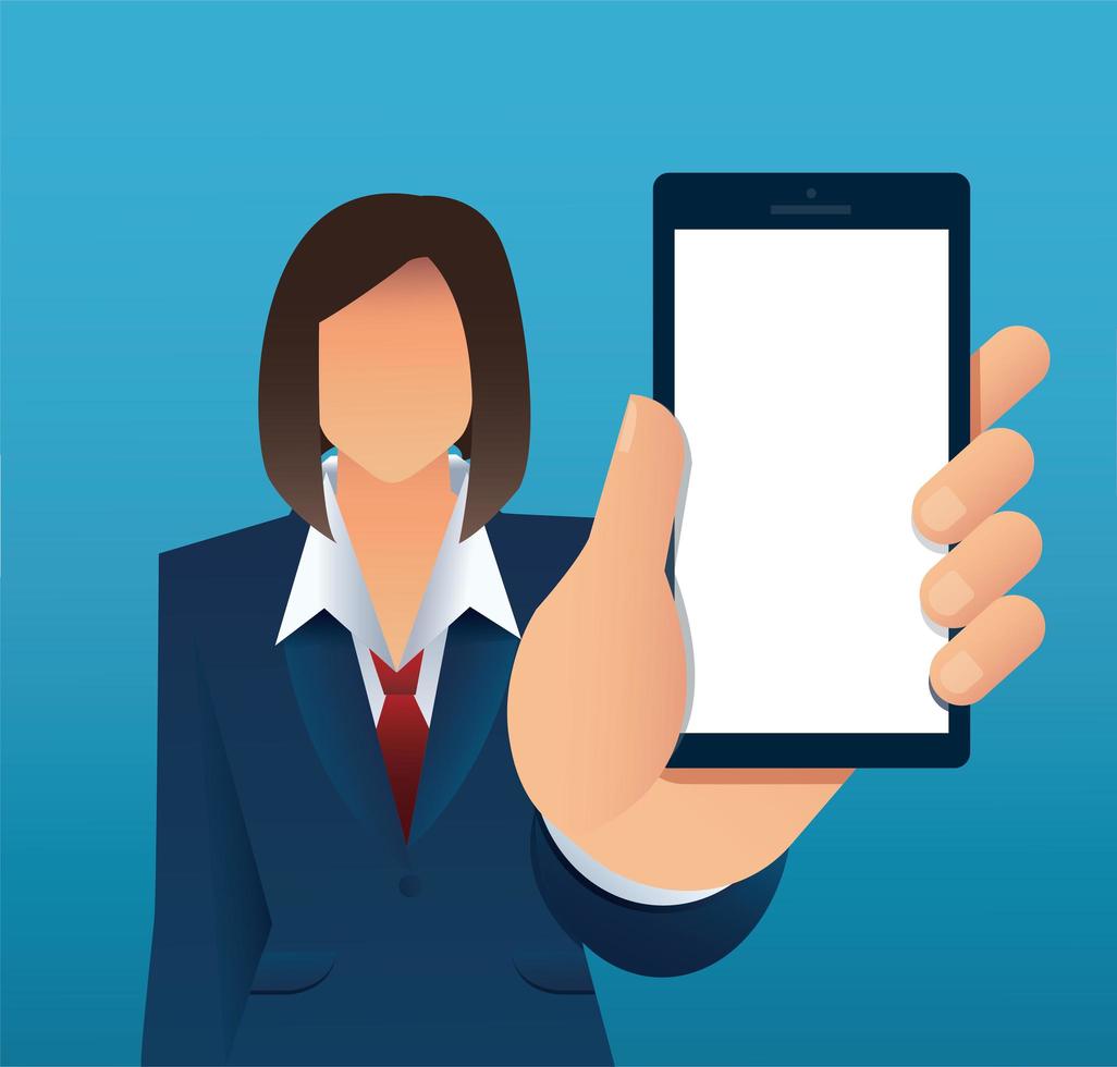 Woman holding out hand showing blank smartphone screen vector