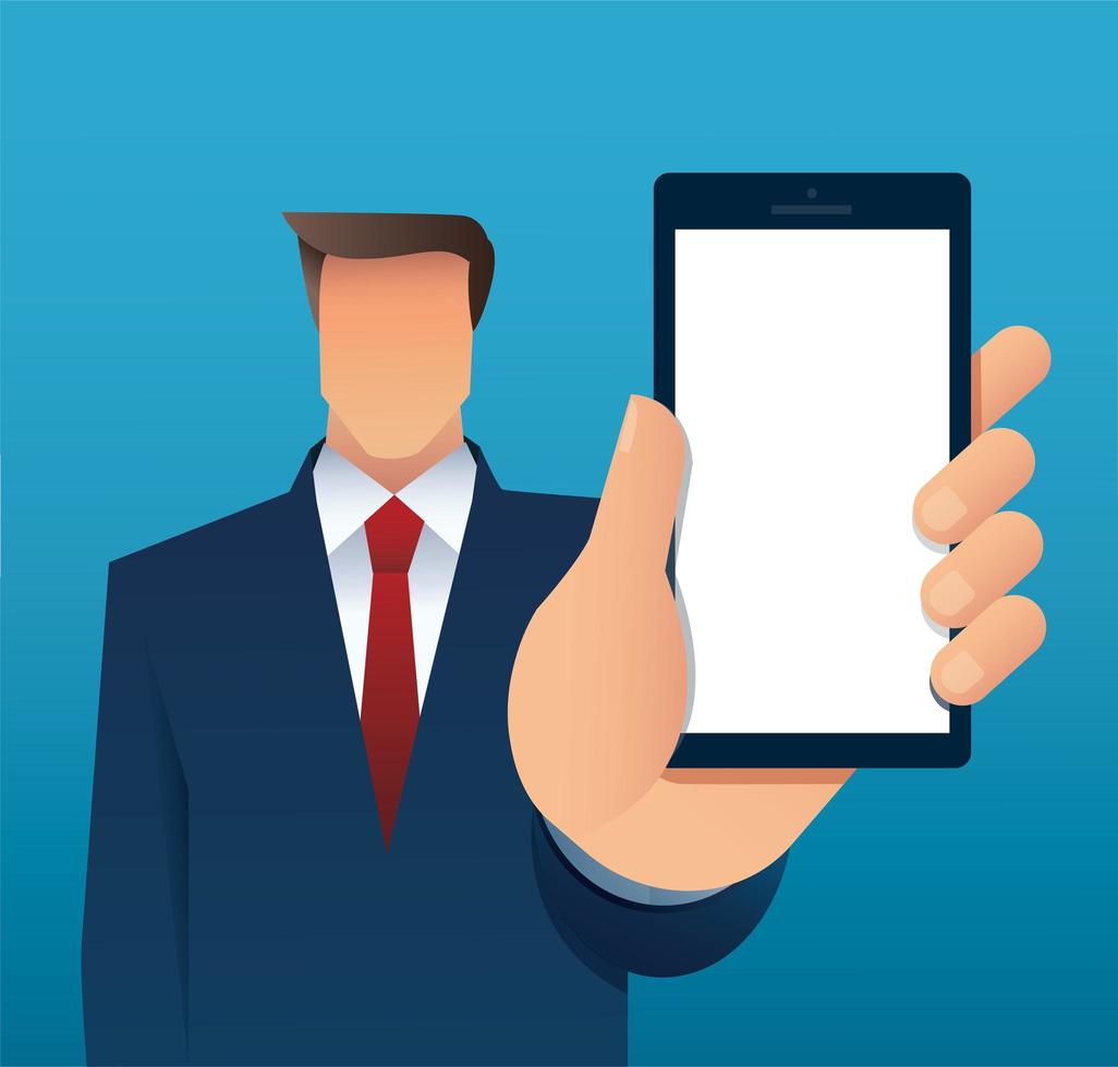 Man holding out hand showing blank smartphone screen vector