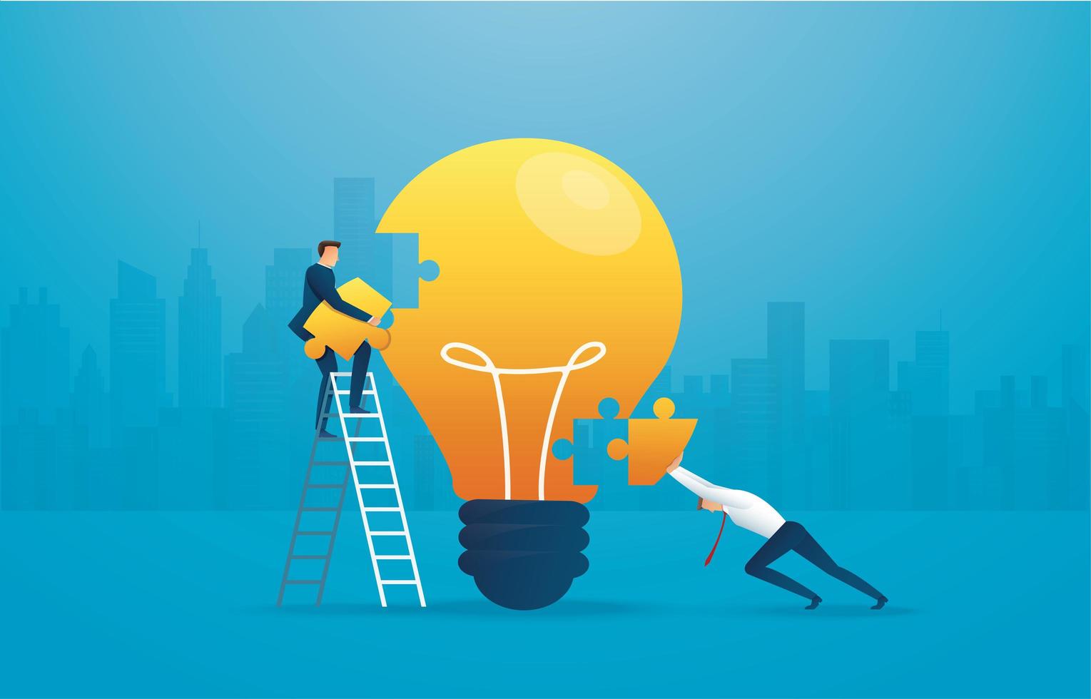 Businessmen putting puzzle light bulb together 1364015 Vector Art at