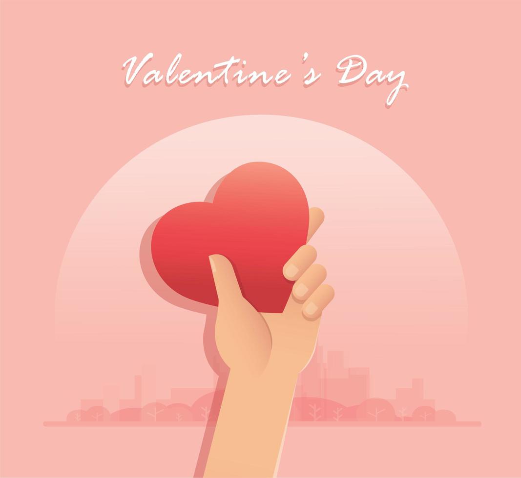Hand holding heart with city behind Valentine's Day card vector
