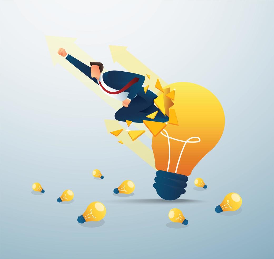 Businessman breaks through light bulb to success vector