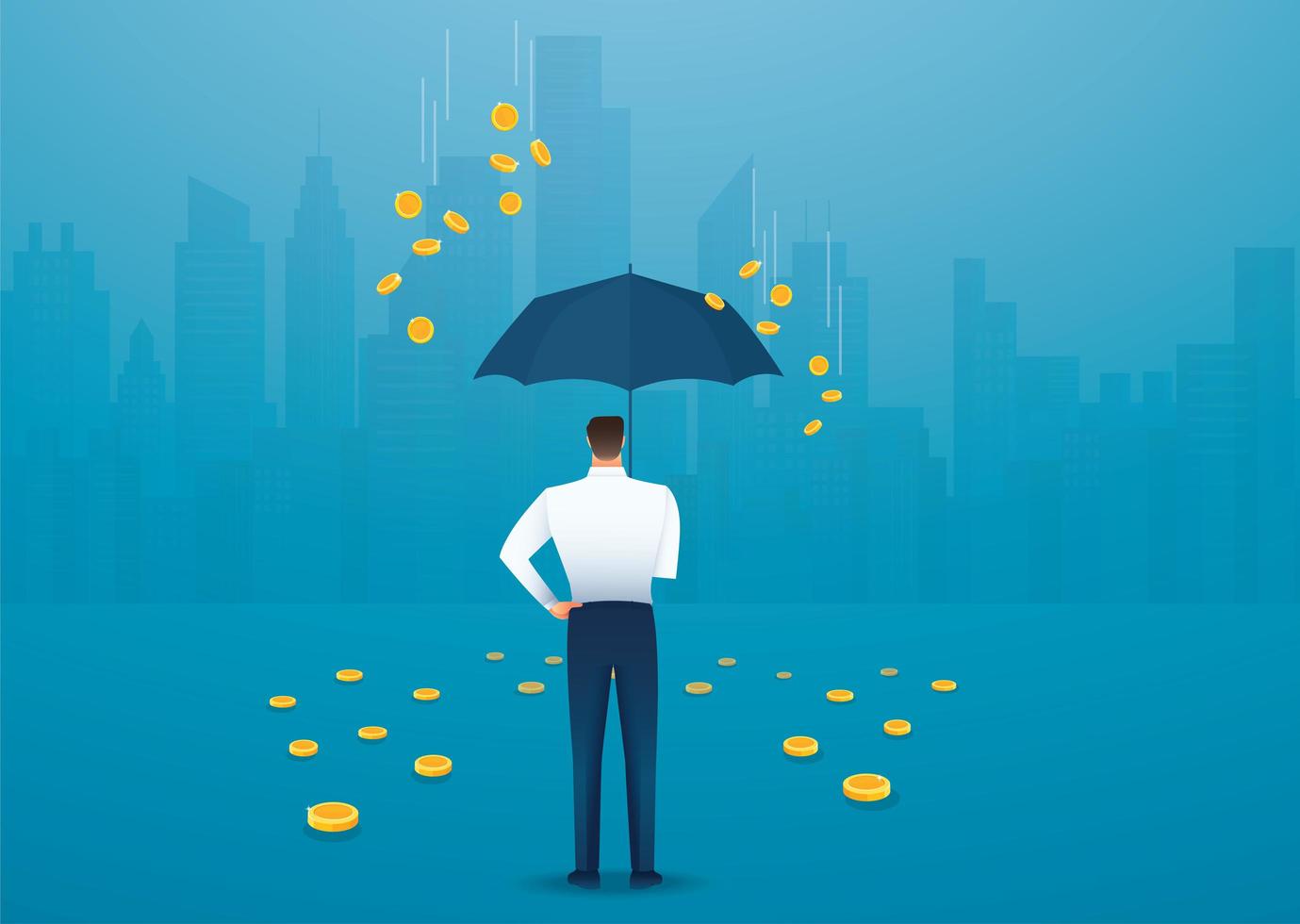 Business man holding umbrella, money falling from the sky vector