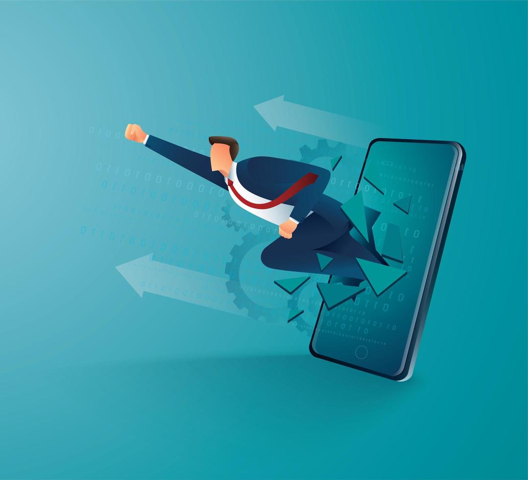 Businessman breaking through mobile screen to success vector