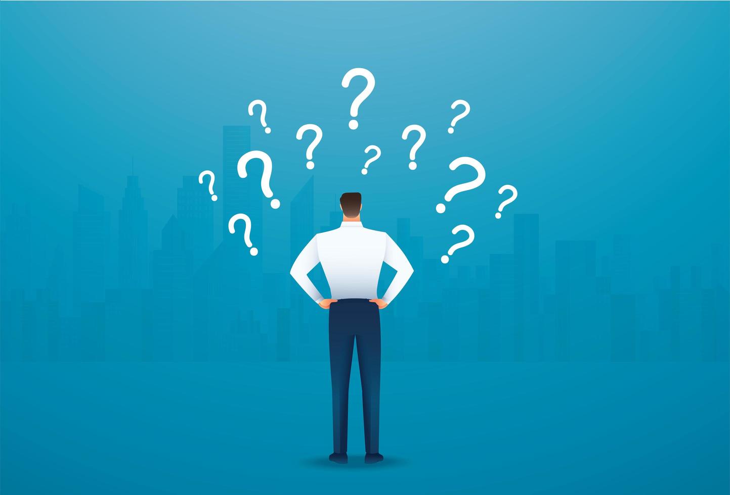 Back view of businessman looking at question marks vector