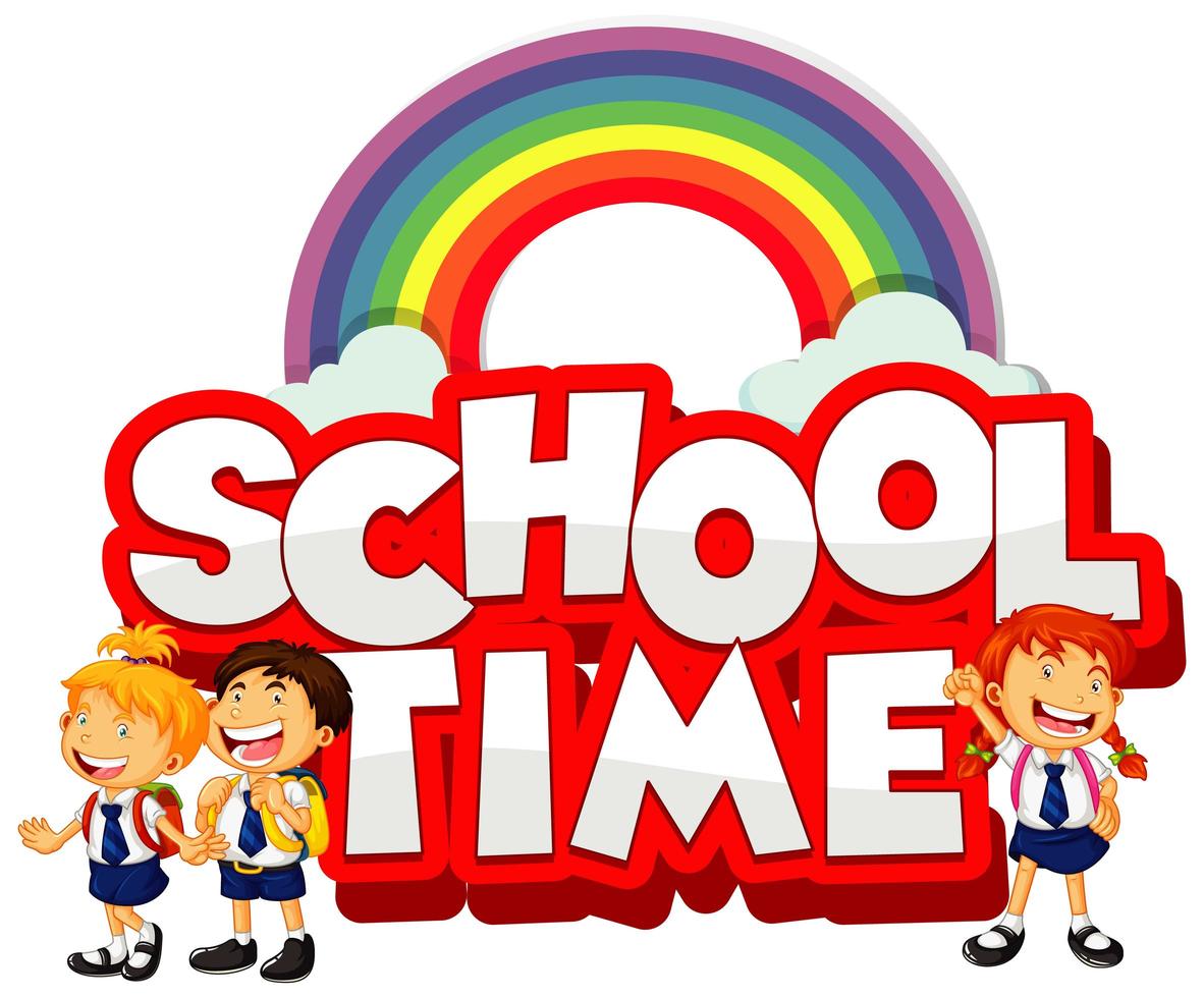 School time text with rainbow and kids vector