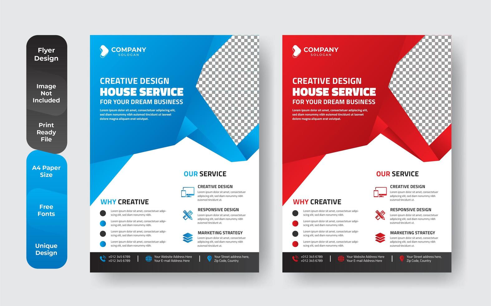 Modern blue and red geometric shape business flyer set vector