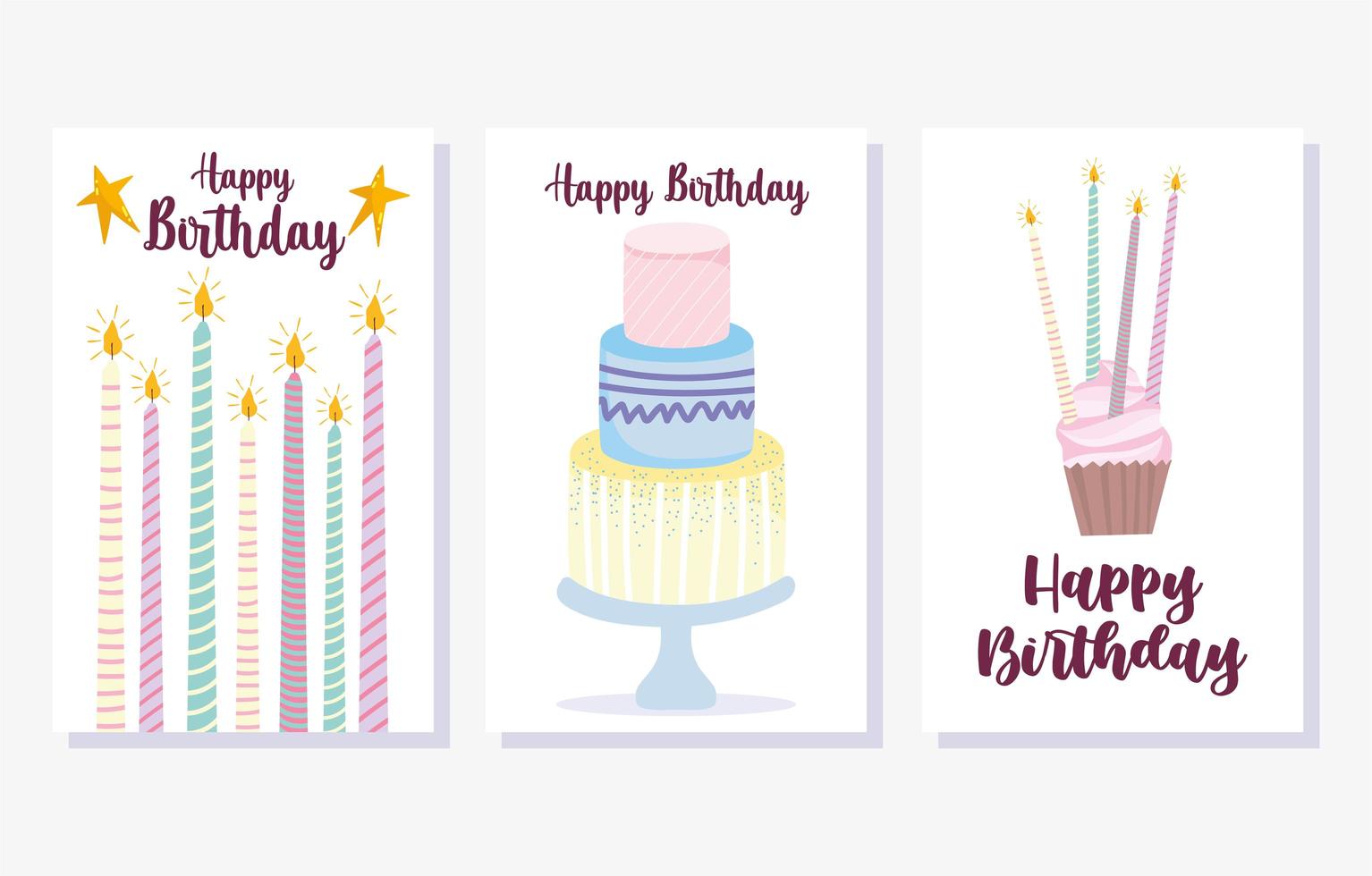 pastel, velas encendidas, cupcake, tarjeta, conjunto vector