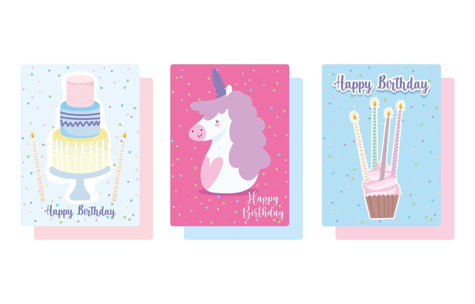 Unicorn cupcake and cake card set vector