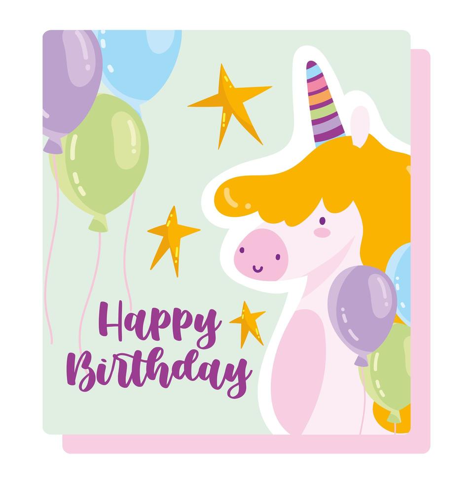 tarjeta de feliz cumpleaños unicornio globos vector