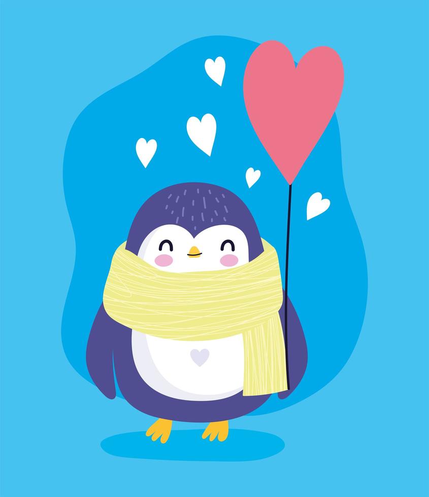 Penguin with scarf and balloon heart antarctic bird animal cartoon wildlife vector