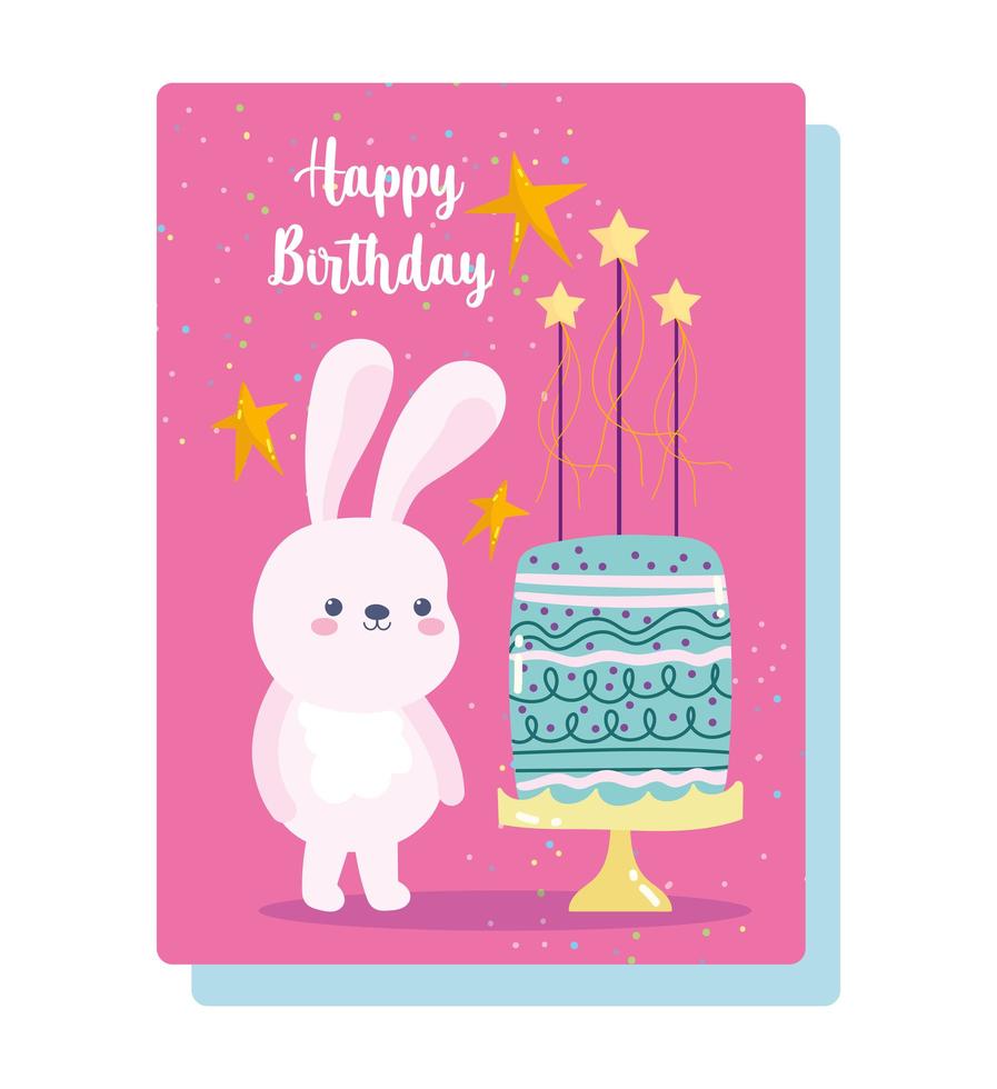 feliz cumpleaños lindo conejito con tarjeta de pastel vector