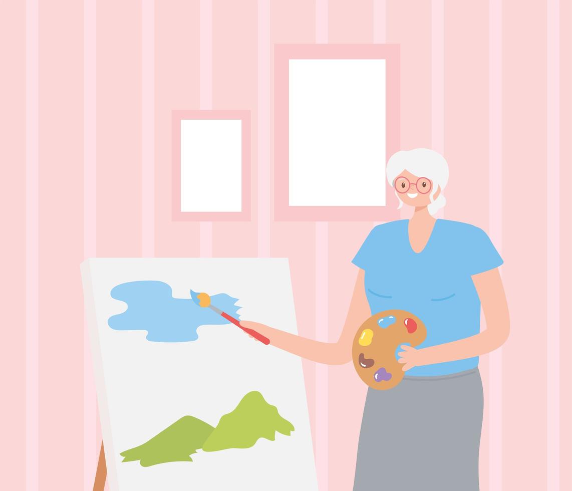 Active Seniors, Elderly Woman Painting with Brush on Canvas vector