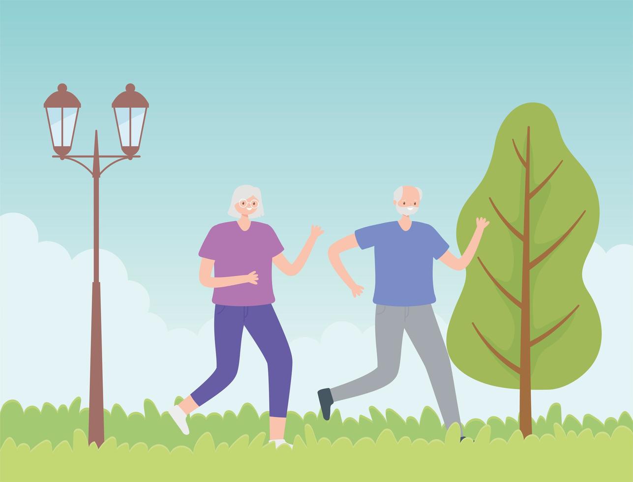 Older Couple Running in the Park 1367197 Vector Art at Vecteezy