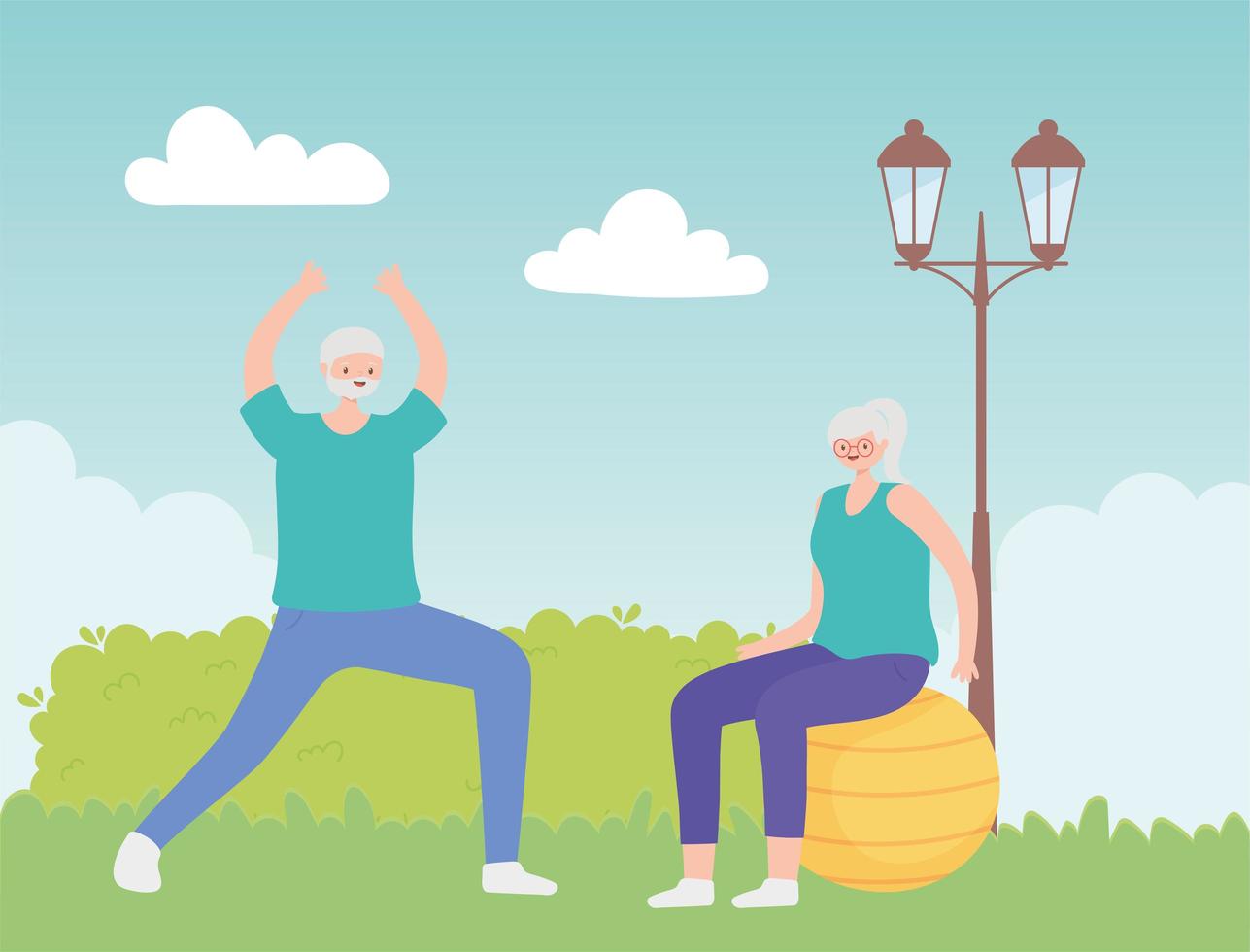 Senior Man Stretching and Senior Woman on Fitness Ball vector