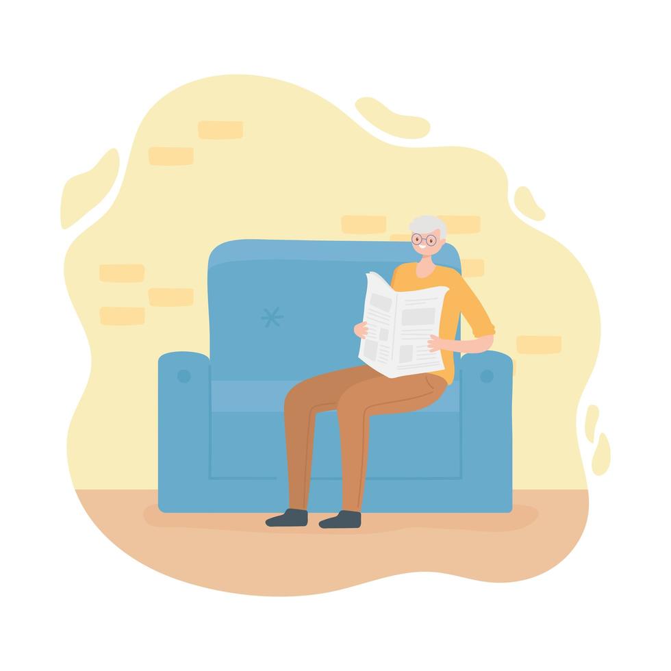 Elderly Woman Reading Newspaper Sitting on Sofa in Room vector
