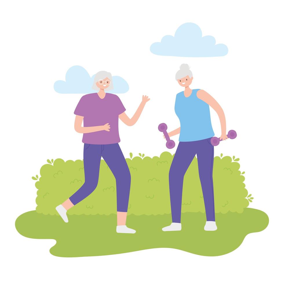 dos mujeres mayores en el parque con pesas vector