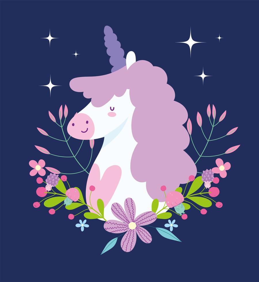 unicornio de fantasía con flores sobre fondo oscuro vector