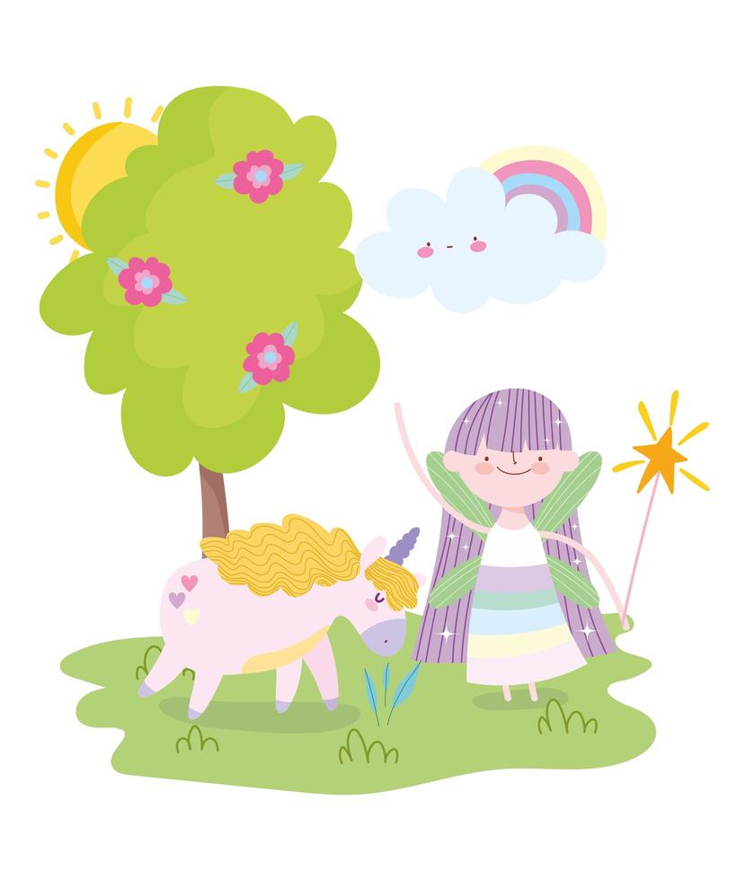 Fairy Princess Magic Unicorn Rainbow Tree Flowers Tale vector