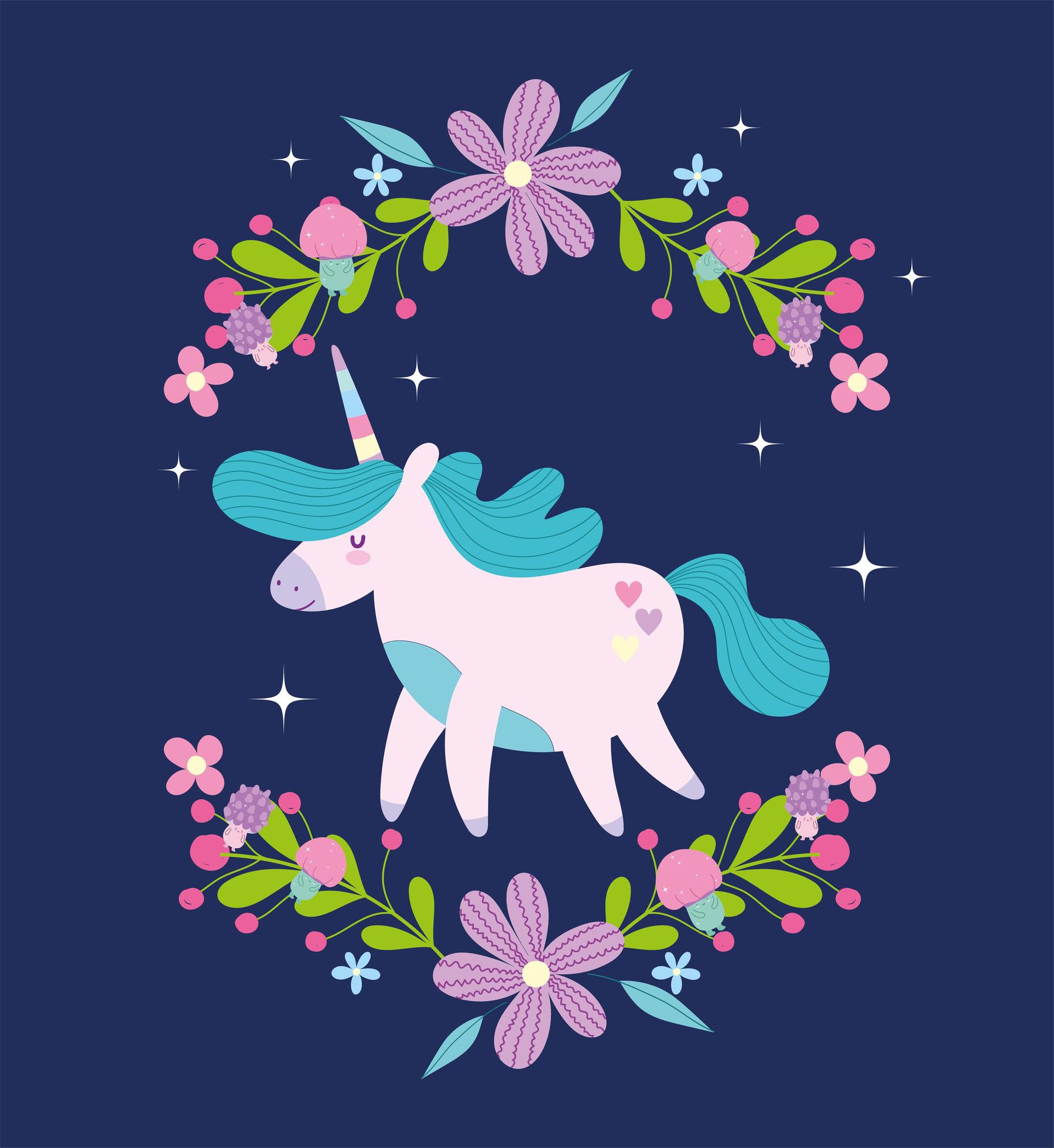 Unicorn with Flower Borders on Dark Background 1367243 Vector Art at