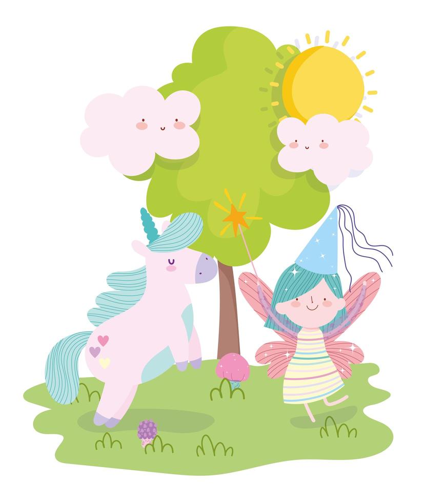 Fairy Princess with Unicorn Outdoors vector