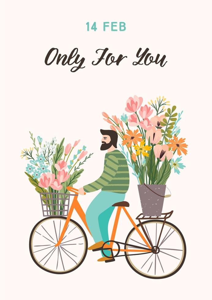 hombre con flores en una bicicleta para el día de san valentín vector