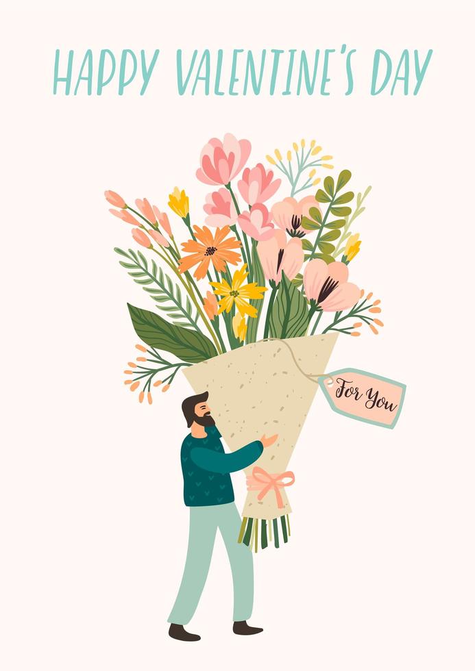 hombre que lleva un ramo de flores para el día de san valentín vector