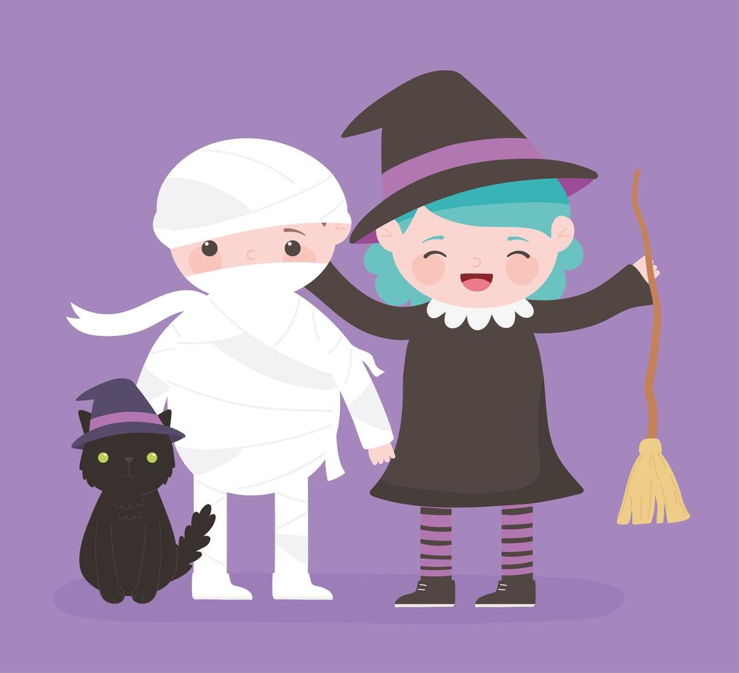 Happy Halloween, mummy, witch and cat chracters vector